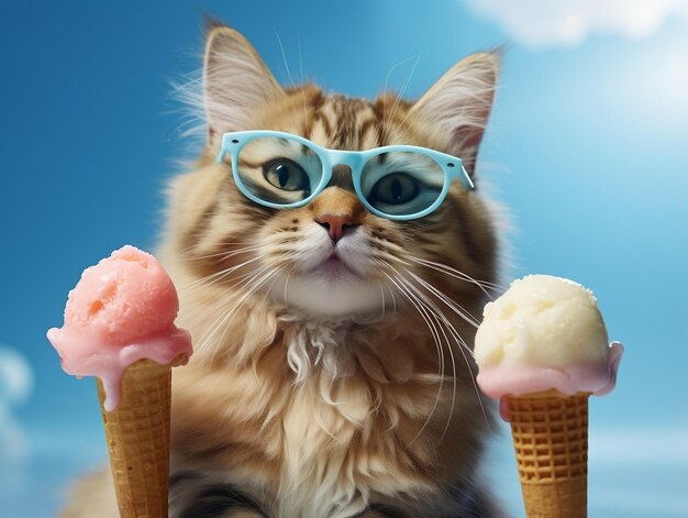 Photo cute cat wearing hat with holding ice creams