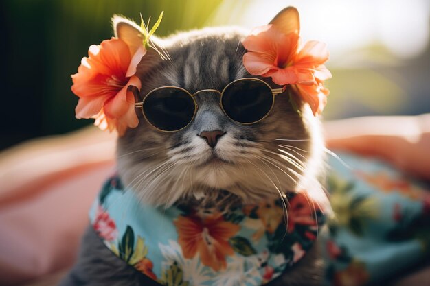 Photo a cute cat wearing a hat with sunglasses and a hawaii dress happily poses studio photo background