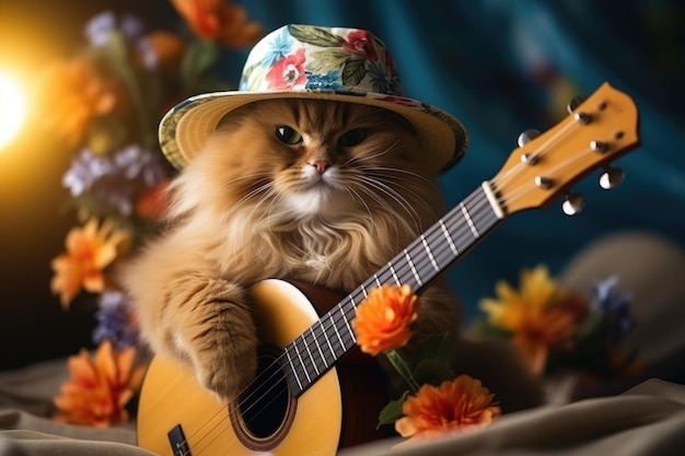 Foto un gatto carino che indossa un cappello con occhiali da sole e un vestito hawaiano posa felicemente sullo sfondo di una foto in studio