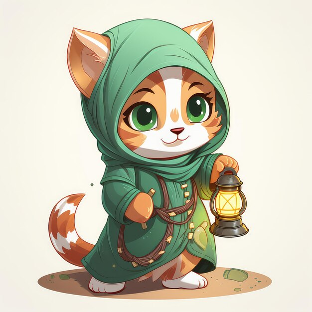 cute cat wearing Islamic clothes and holding a green lantern