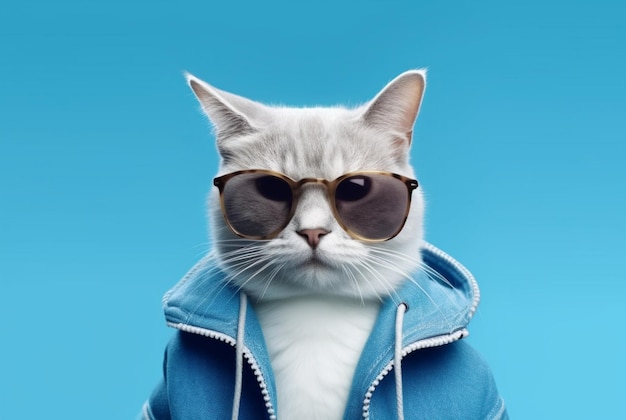 Cute cat wearing jacket and glasses isolated on blue background generative ai