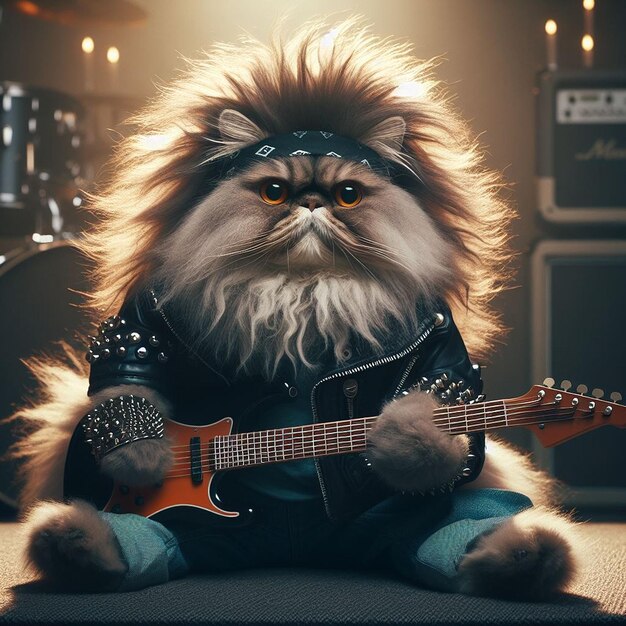 cute cat wearing a jacket with a guitar in front of him