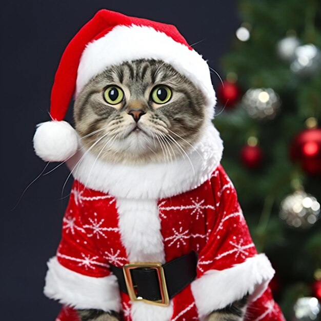 Cute cat wearing santa claus clothes near christmas tree