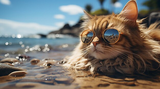 Cute cat wearing sunglasses on the beach Selective