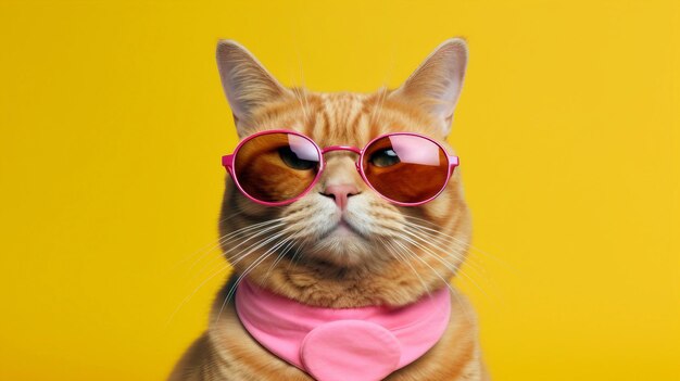 Cute cat wearing sunglasses on yellow background