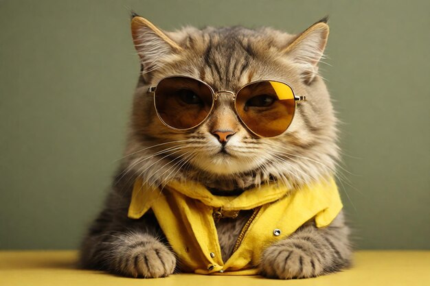 Cute cat wearing yellow jacket and sunglasses on a yellow background