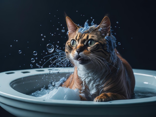 Cute cat wet taking a bath with foam ai generative