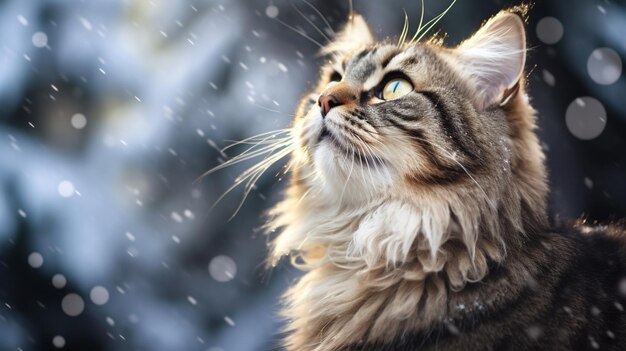 Cute cat in a winter forest during a blizzard snow all around a Christmas card Generative AI