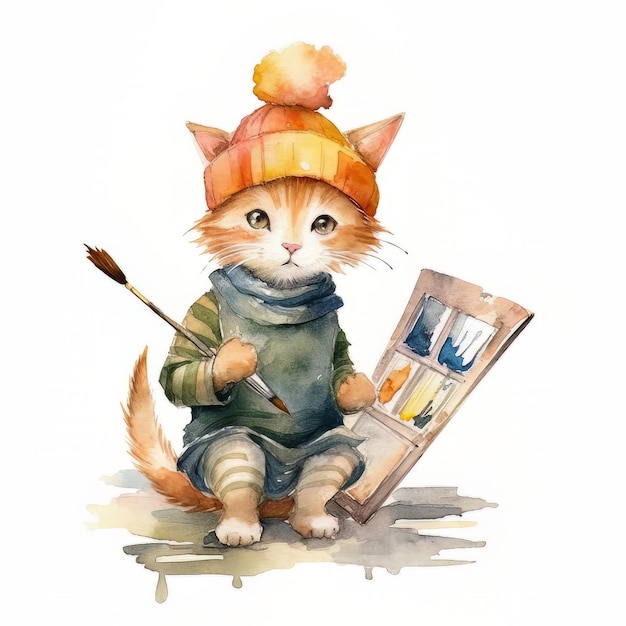 페인트 붓을 든 겨울 모자를 쓴 귀여운 고양이 수채화 일러스트