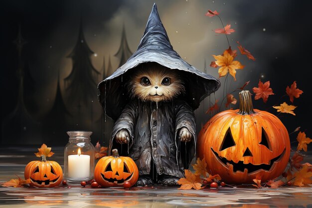 Cute cat in a witch's hat with pumpkins and candles watercolor ilustration