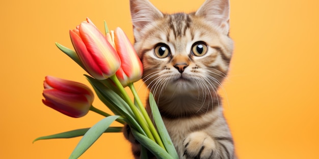 Фото Милая кошка с букетом весенних тюльпанов в лапах красивая праздничная открытка генеративный ии