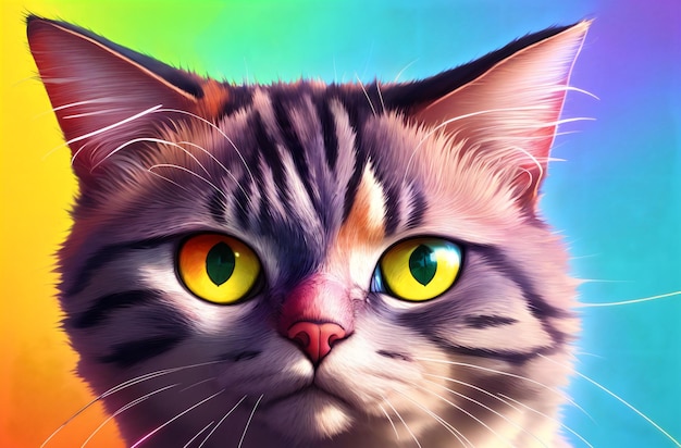 Cute cat with big eyes on bright multicolored background Portrait of pussycat Generative AI