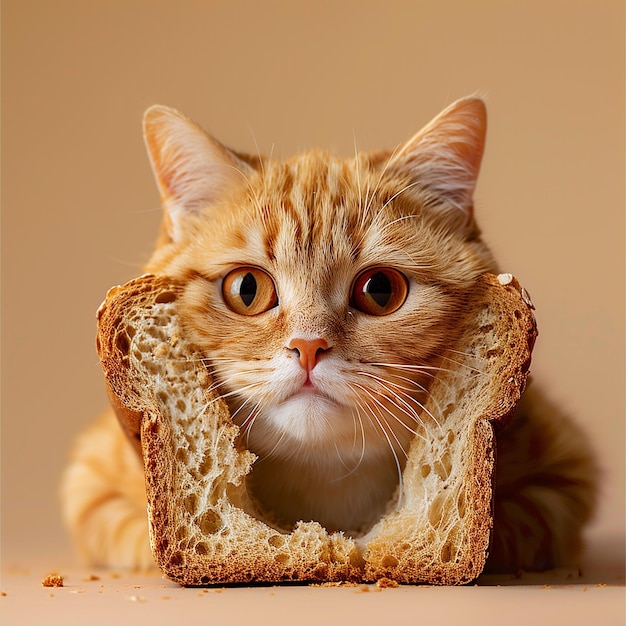 Photo cute cat with big eyes framed by a bread slice