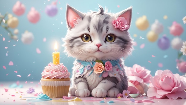 Cute cat with birthday cake and colorful background
