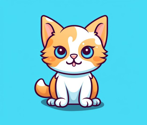 A cute cat with blue eyes sits on a blue background.