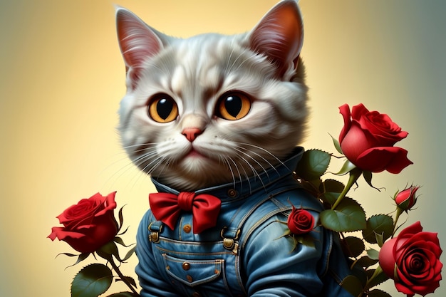 cute cat with a bouquet of roses