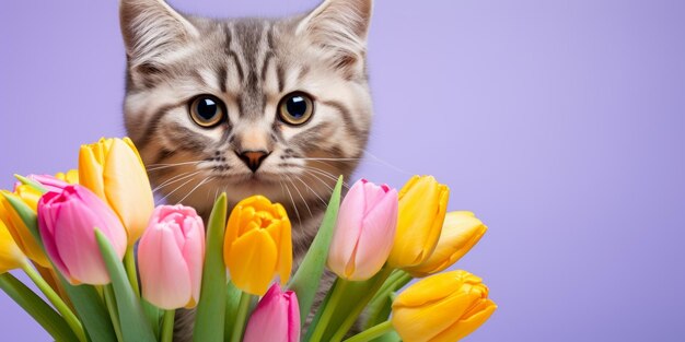 Cute cat with a bouquet of spring tulips in her paws Beautiful holiday card Generative AI