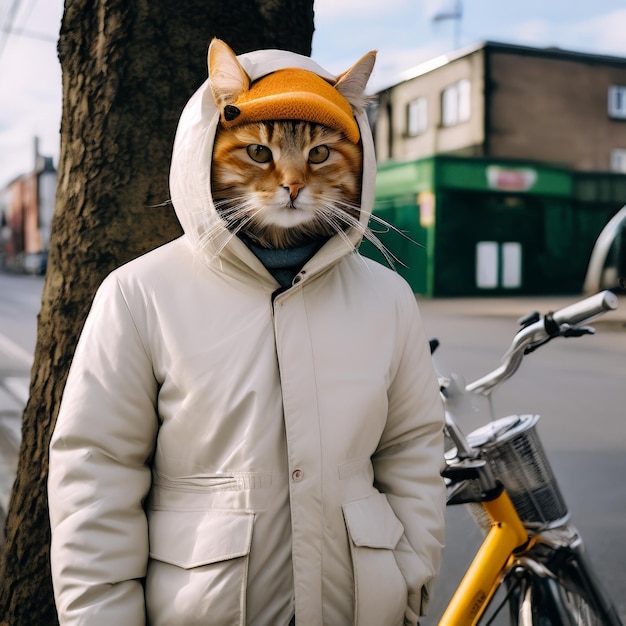 도시 거리에서 자전거를 타고 있는 귀여운 고양이와 자전거에 타고 있는 고양이