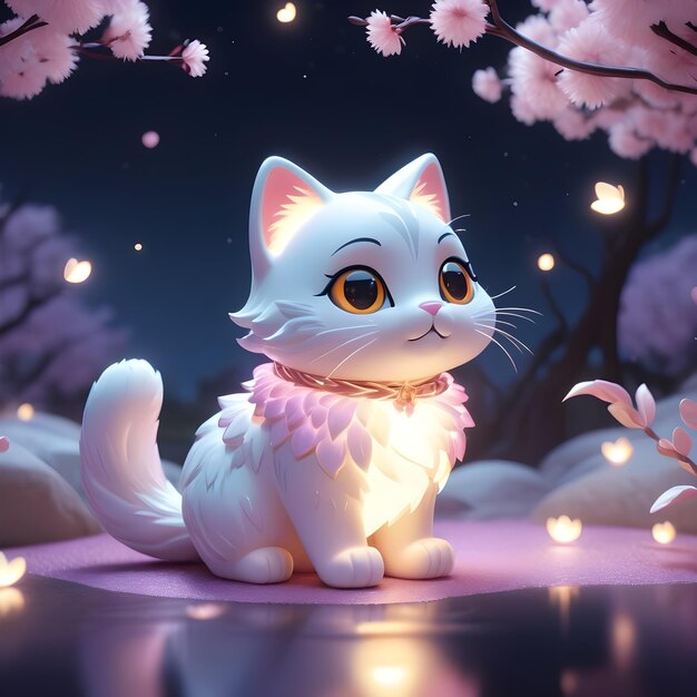 Милая кошка с вишневыми цветами