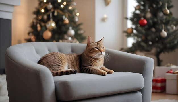 cute cat with Christmas presents in the background