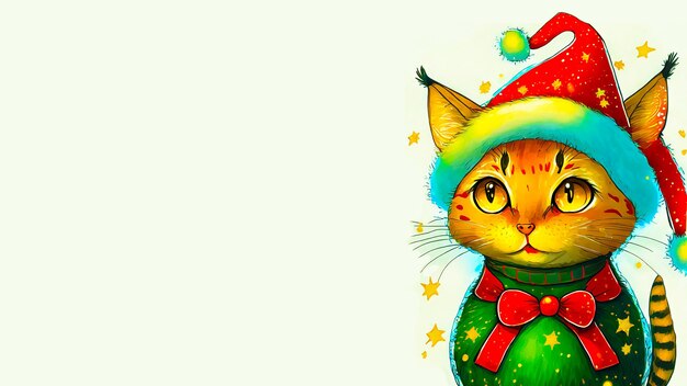 A cute cat with a Christmas red hat on a white background beautiful big eyes and fur Ai generated