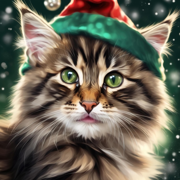 cute cat with christmas treecute cat in santa cap