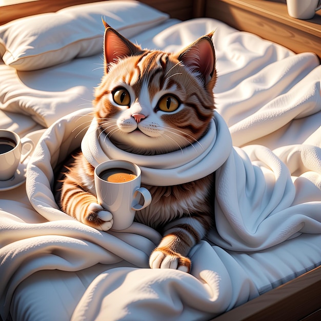 cute cat with coffee cup on bedcute cat with coffee cup on bedcat lying on bed