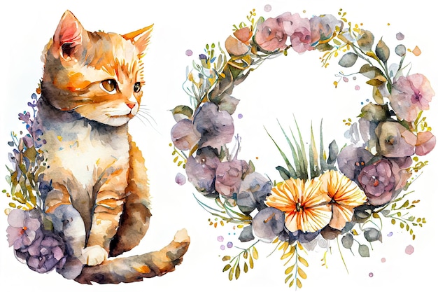 Cute cat with floral wreath isolated on white background Watercolor illustration Generative AI