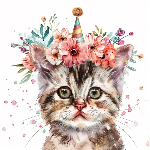 cute cat With Flowers on His Head