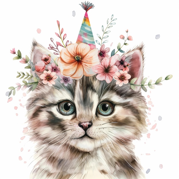 cute cat With Flowers on His Head