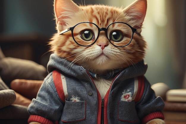 Photo a cute cat with glasses and clothes