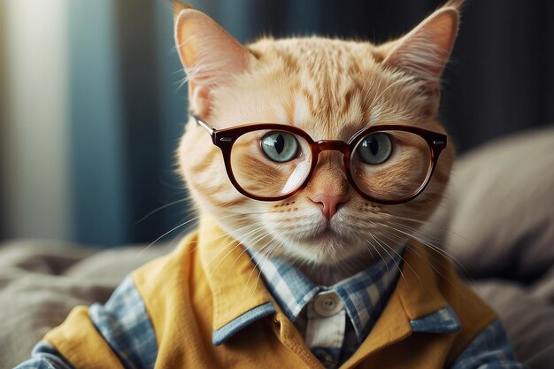 Photo a cute cat with glasses and clothes