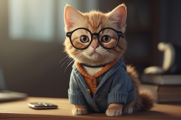 Photo a cute cat with glasses and clothes