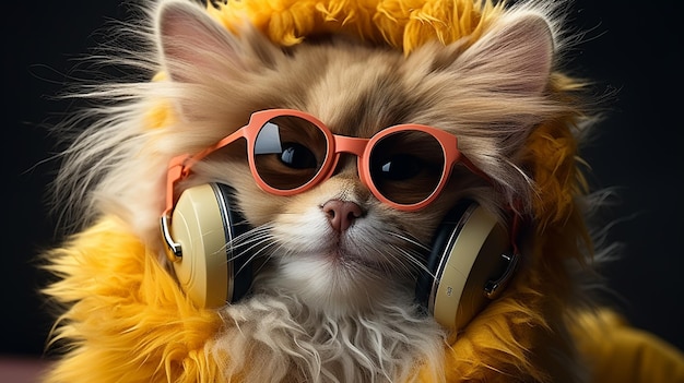 cute cat with headphones on the floor