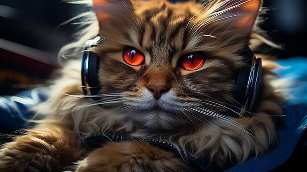 cute cat with headphones on the floor