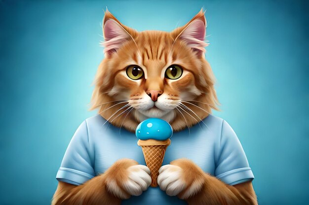 Cute cat with ice cream on blue background rendering