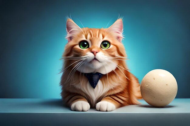 Cute cat with ice cream on blue background rendering