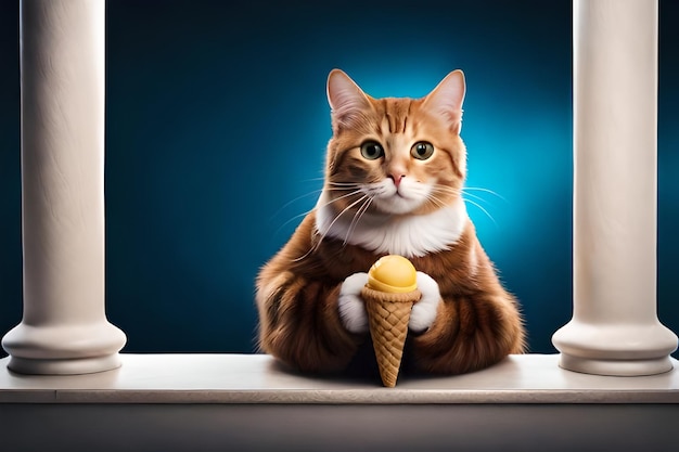 Cute cat with ice cream on blue background rendering