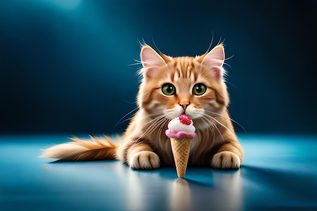Cute cat with ice cream on blue background rendering