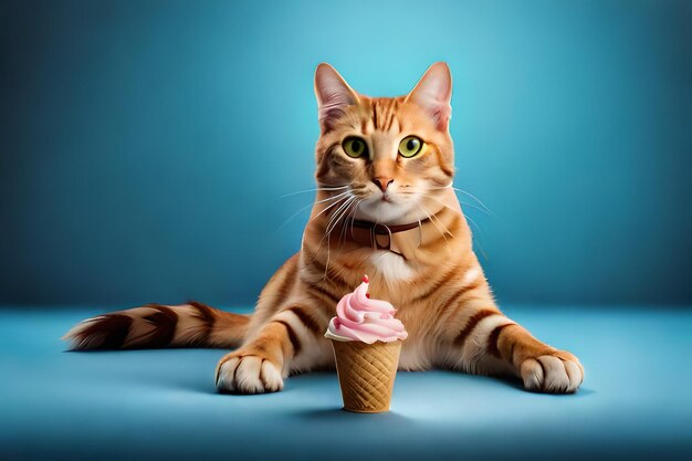 Cute cat with ice cream on blue background rendering