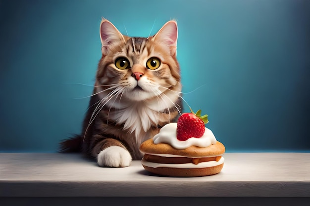 Cute cat with ice cream on blue background rendering