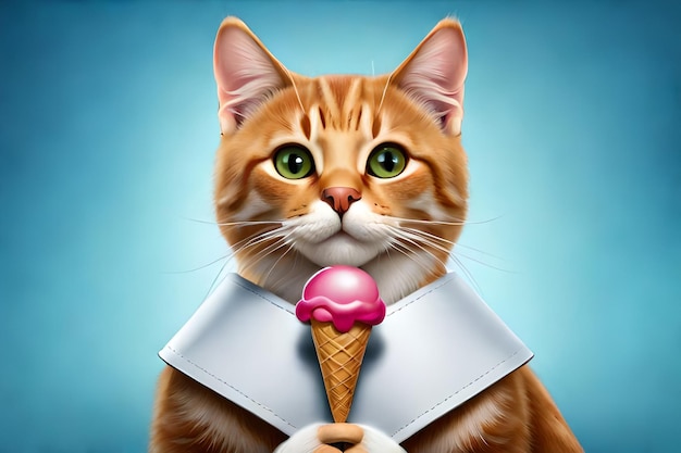 Cute cat with ice cream on blue background rendering
