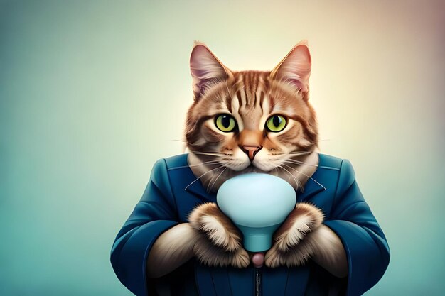 Cute cat with ice cream on blue background rendering