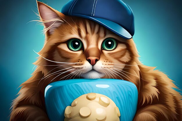 Cute cat with ice cream on blue background rendering