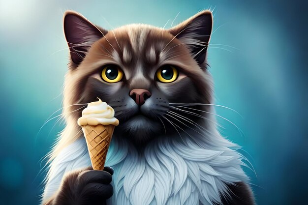 Cute cat with ice cream on blue background rendering