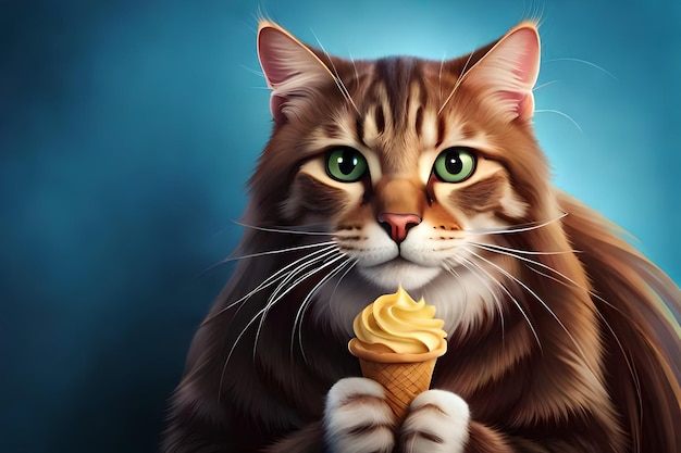 Cute cat with ice cream on blue background rendering