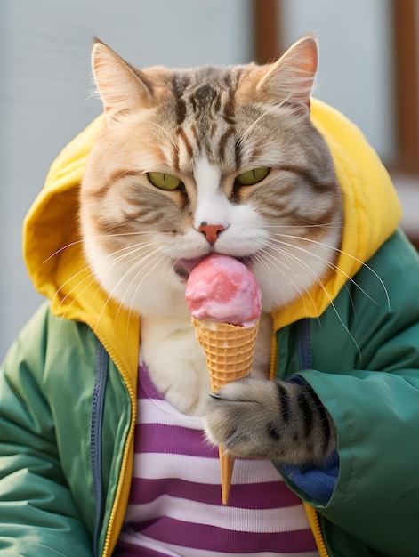 Cute cat with ice cream in a waffle cone outdoors