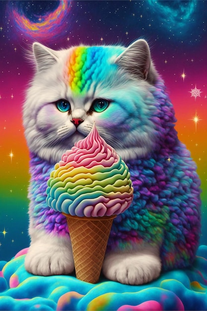 cute cat with a rainbow ice cream illustration