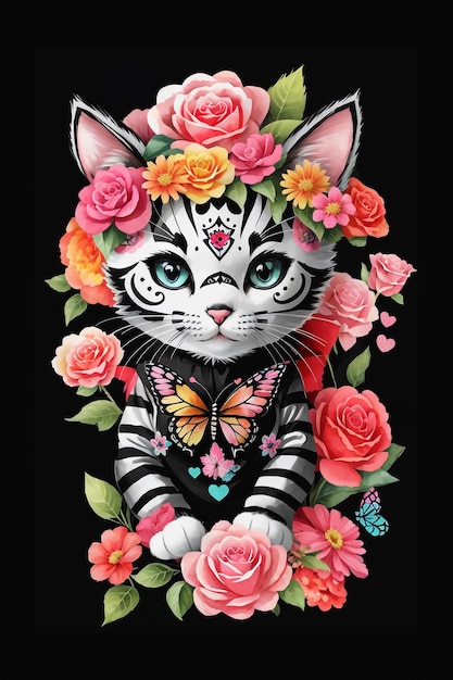 Cute Cat with sugar skull makeup Day of the Dead Dia de los Muertos Frame of marigold flowers and