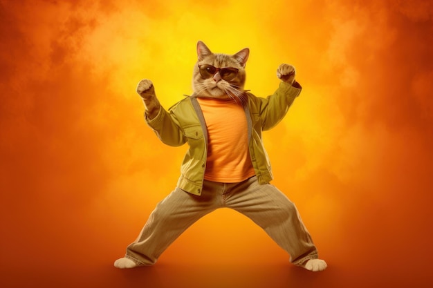 Cute Cat with sunglasses dancing isolated on orange background Generative AI